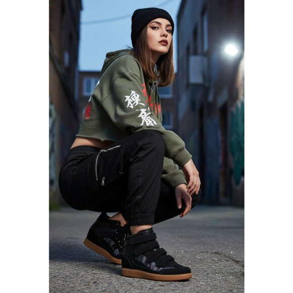 Black Stylish Fishnet Wedge High Top Sneakers with Velcro Straps & Rubber Sole 9 - Picture 1 of 5